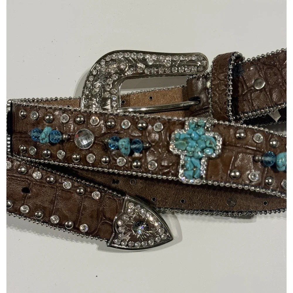 NOCONA - Women's Brown Leather Turquoise Cross Rhinestone Western Belt - Large